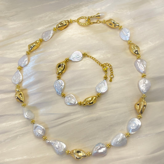 Natural Baroque Pearl & Sculpted Gold-Tone Necklace and Bracelet Set