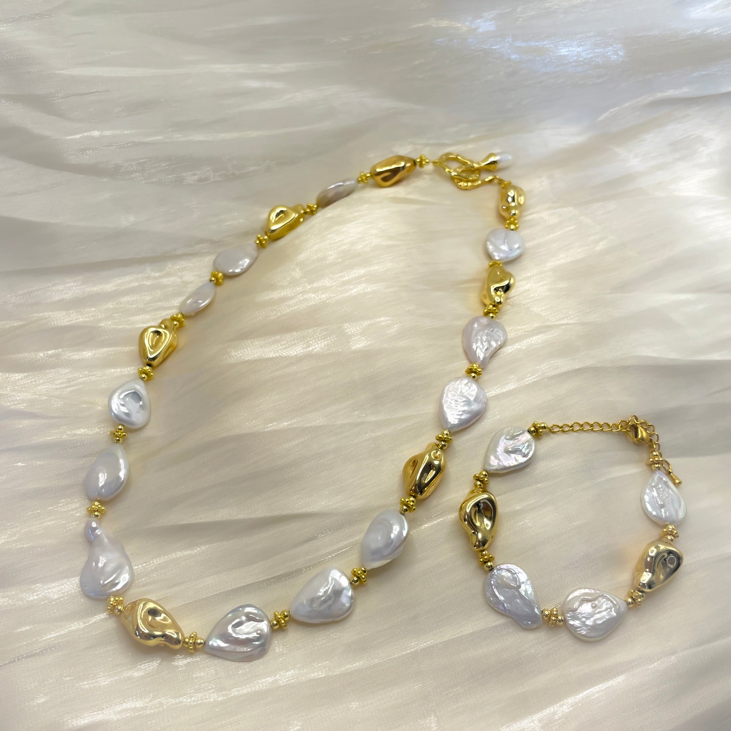 Natural Baroque Pearl & Sculpted Gold-Tone Necklace and Bracelet Set