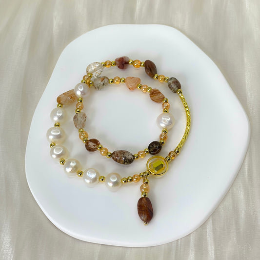 Double-Layer Natrual Pearl & Stone Bracelet