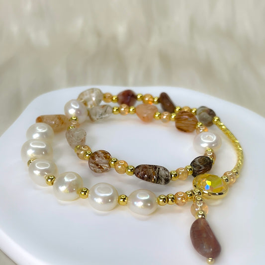 Double-Layer Natrual Pearl & Stone Bracelet