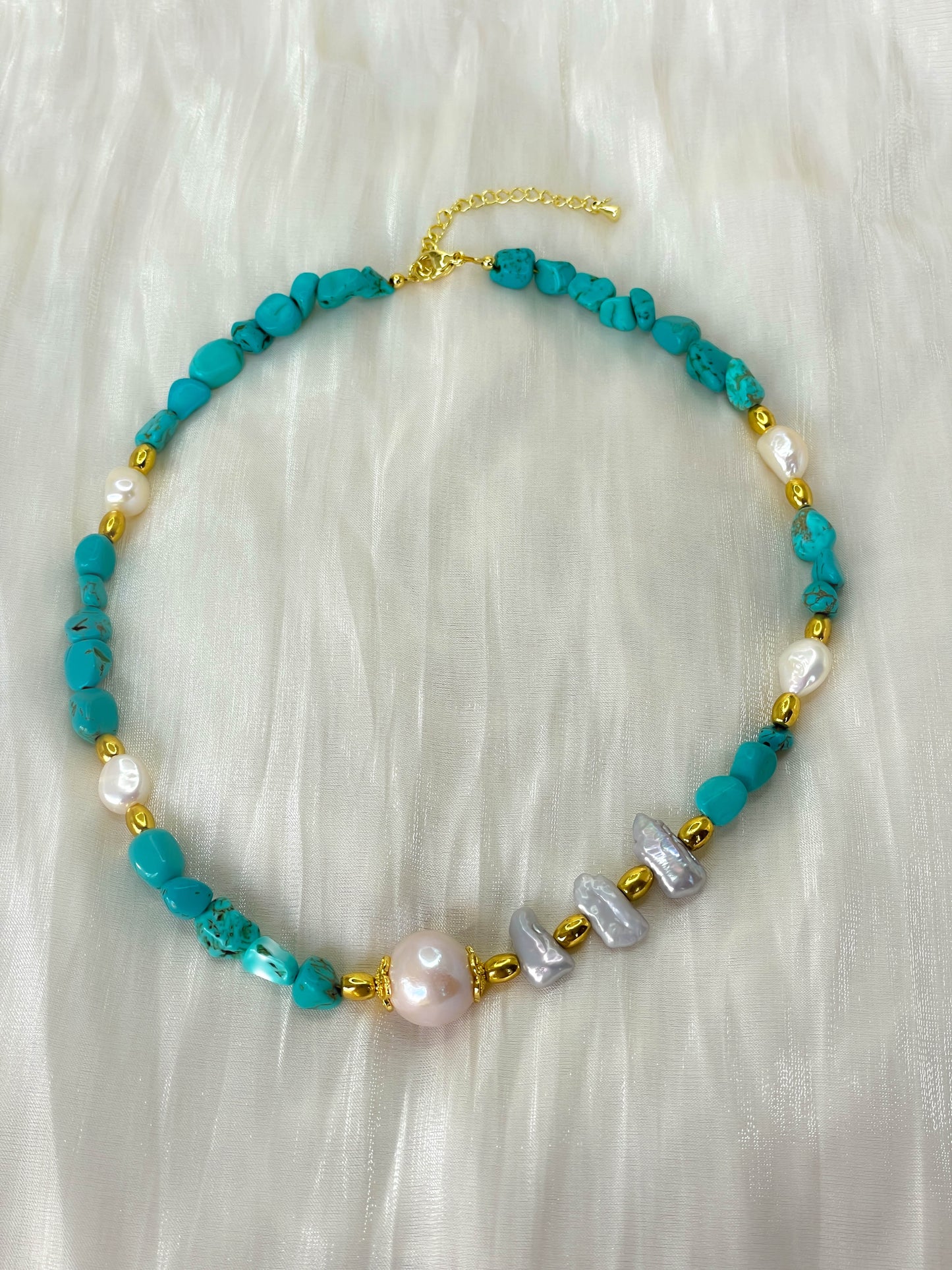 Ocean Muse – Freshwater Pearl and Turquoise Necklace