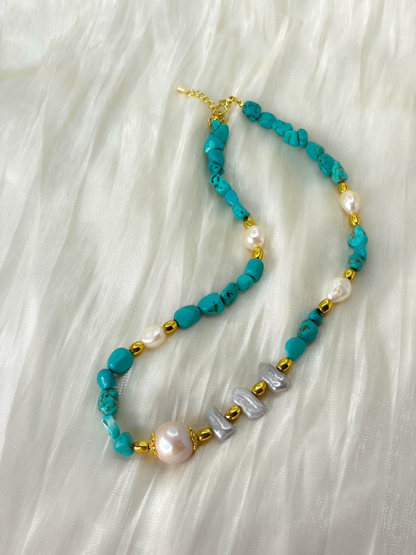 Ocean Muse – Freshwater Pearl and Turquoise Necklace