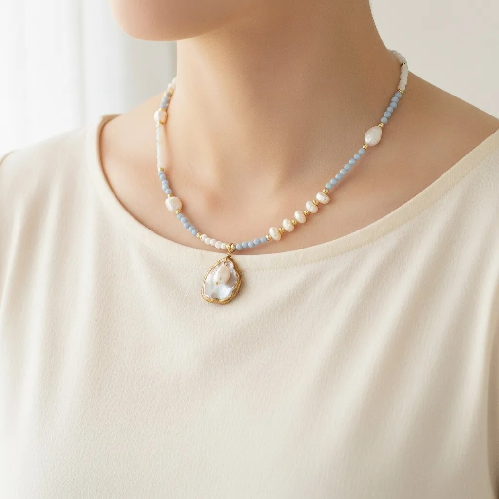 Pearl & Blue Bead Teardrop Necklace