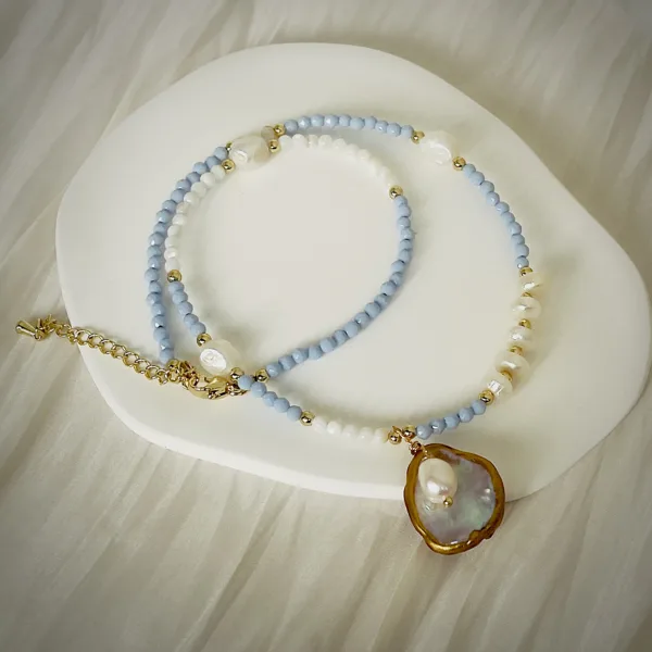 Pearl & Blue Bead Teardrop Necklace, photo 7