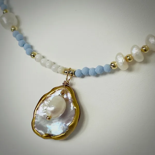 Pearl & Blue Bead Teardrop Necklace, photo 3