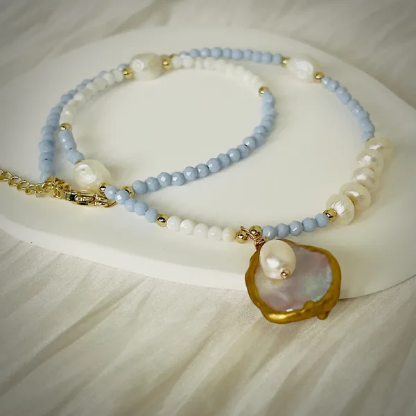 Pearl & Blue Bead Teardrop Necklace, photo 8