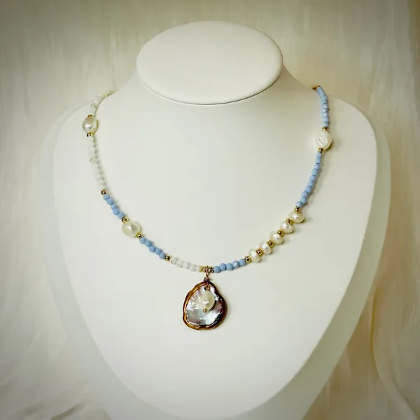Pearl & Blue Bead Teardrop Necklace, photo 2
